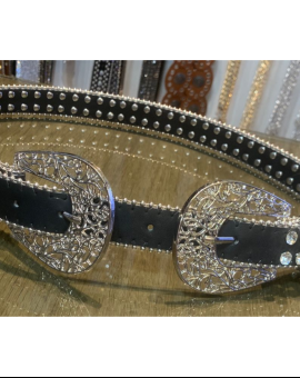 Cinto Boiadeira Duas Fivelas em Couro Preto