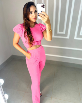 Conjunto Feminino Canelado Calça e Cropped Manga Princesa