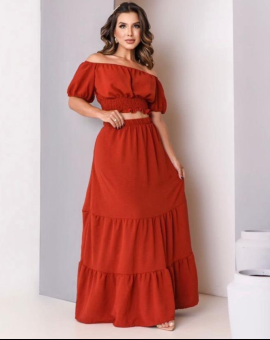 Conjunto Feminino Cropped Ciganinha Saia Longa