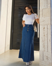 Saia Longa Jeans Rodadinha Moda Evangélica Atacado na Rua 44 Goiânia