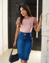 Saia Secretária Jeans Cintura Alta Moda Atacado na Rua 44 Goiânia