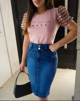 Saia Secretária Jeans Cintura Alta
