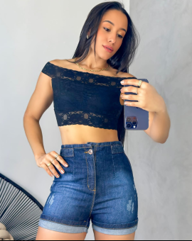 Short Meia Coxa Feminino Lavagem Escura Cintura Alta