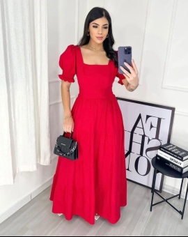 Vestido Longo Evangélico Manga Bufante Vermelho