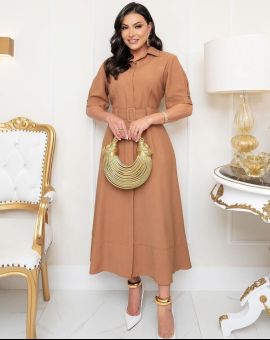 Vestido Midi Alfaiataria Rodado Bege