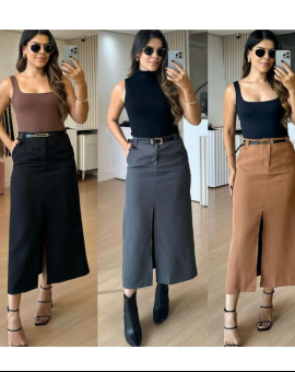 Saia Midi com Fenda Frontal Cintura Alta