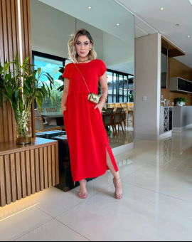 Vestido Midi com Fenda Lateral Vermelho