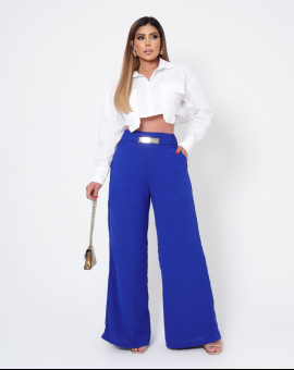 Calça Pantalona Lisa com Cós Alto e Bolsos