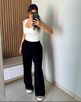 Calça Pantalona Preta Feminina com Cós Passado