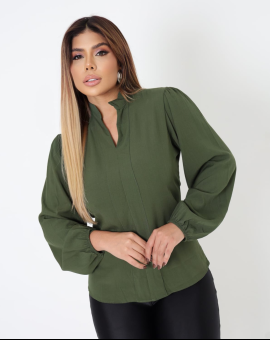 Camisa Social Feminina Gola Alta Decote V