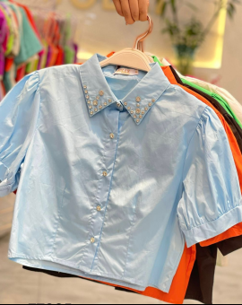 Cropped Camisa Social Feminina com Elástico na Manga