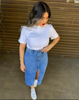 Saia Midi Jeans Sky Clean Moda Evangélica