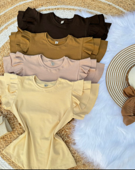 T-Shirt Básica de Algodão com Babados na Manga