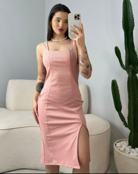 Vestido Midi de Alcinhas Liso com Fenda