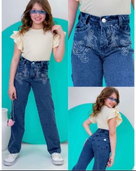 Calça Mom Infantil Jeans Bordada Cintura Alta