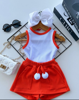 Conjunto de Menina Canelado Branco e Vermelho