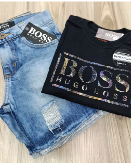 Conjunto Infantil Bermuda Jeans e Camiseta Hugo Boss Menino