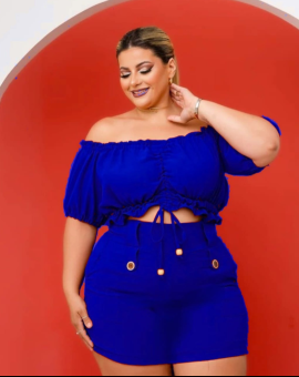 Conjunto Plus Size Cropped Ciganinha Short Cós Alto