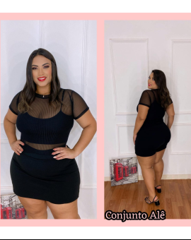 Conjunto Plus Size Preto Blusa de Tule e Saia