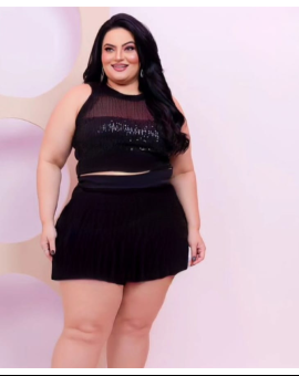 Conjunto Plus Size Preto Cropped com Paetê e Saia