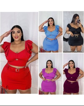 Conjunto Plus Size Saia Cós Alto e Cropped com Decote