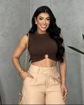 Cropped Canelado Liso Franzido