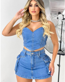 Short Saia Cargo Jeans Cintura Alta