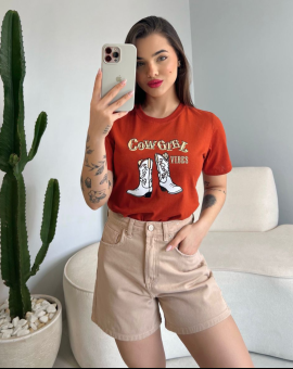 T-Shirt com Estampa Country Vermelha Feminina