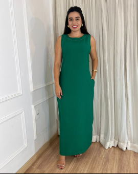 Vestido Longo com Bolsos na Lateral Liso