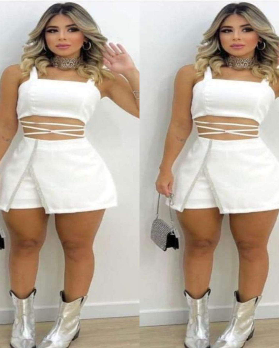Conjunto Feminino Branco Short Saia e Cropped no Atacado.
