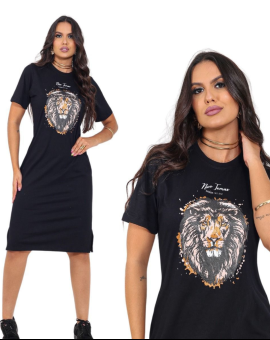 Vestido Tipo T-Shirt com Estampa de Leão