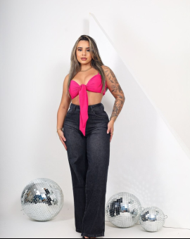 Calça Wide Leg Feminina Preta Cintura Alta