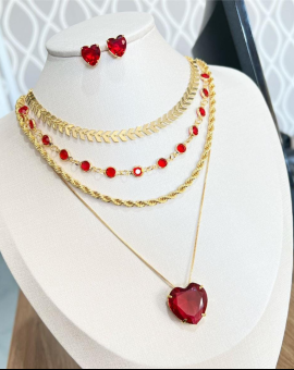 Conjunto Colar e Brinco de Coração Vermelho