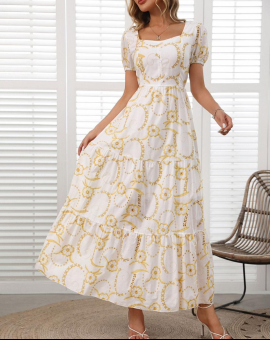 Vestido Longo Gola Quadrada Manga Bufante