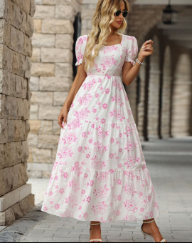 Vestido Longo Manga Princesa com Bordado Rosa