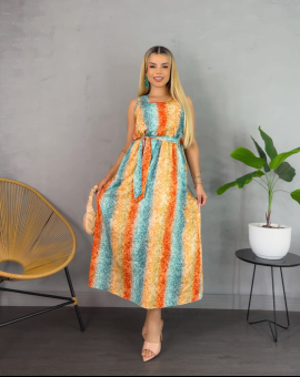 Vestido Midi Estampado com Listras