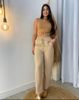 Calça Cintura Alta Feminina Bege