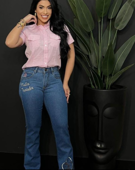 Calça Flare Jeans Feminina Bordada Moda Country