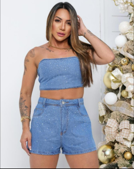 Conjunto Jeans Feminino com Strass