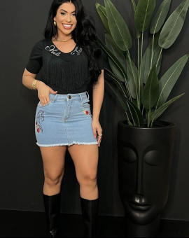 Saia Jeans Cintura Alta Bordada