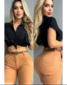 Short Jeans Meia Coxa Cintura Alta Bege