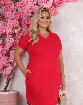 Vestido Plus Size Curto Vermelho Gola V