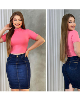 Saia Jeans Secretária Lavagem Escura Moda Cristã
