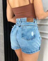 Short Jeans Cargo Cintura Alta Sky Clean Atacado na Rua 44 Goiânia