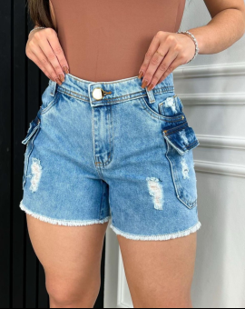 Short Jeans Cargo Cintura Alta Sky Clean