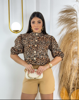 Camisa Feminina Animal Print Manga Bufante