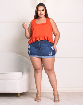 Saia Plus Size Jeans com Destroyed