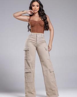 Calça Jeans Feminina Wide Leg Bolso Cargo