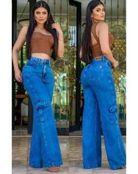 Calça Jeans Feminina Wide Leg com Bolso Cargo