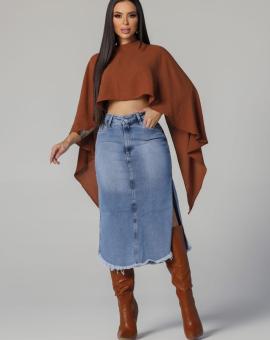 Saia Jeans Midi Barrinha Desfiada e Fendas Laterais